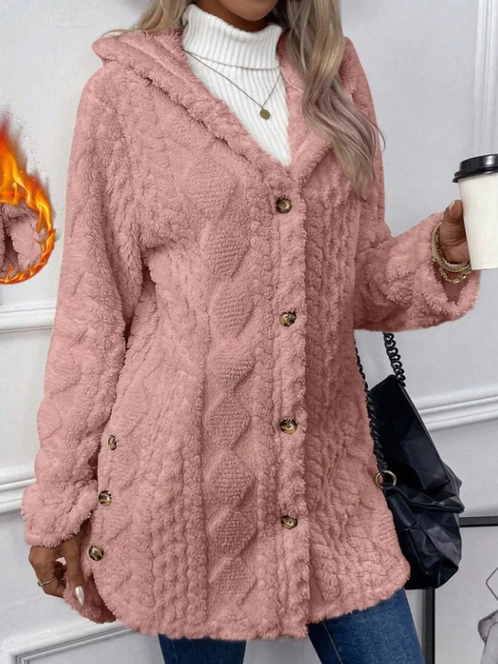 Plus size cozy cable-knit faux fur hooded outerwear by Trendsi, featuring a warm, plush fur-lined hood and chunky knit design.