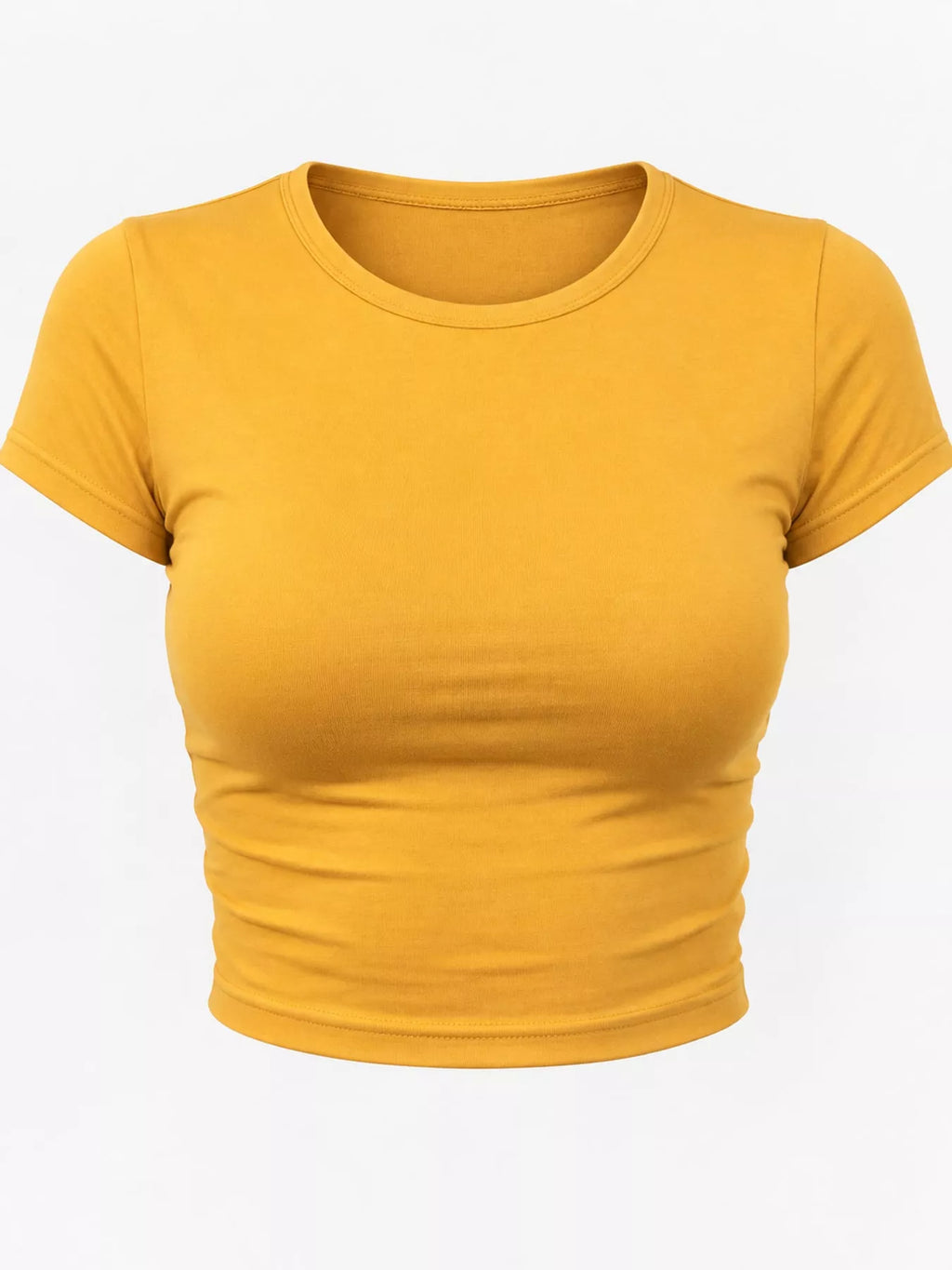 Slim fit basic crew neck short sleeve crop T-shirt by Trendsi, shown in black with a close-up of the fitted design and neckline.