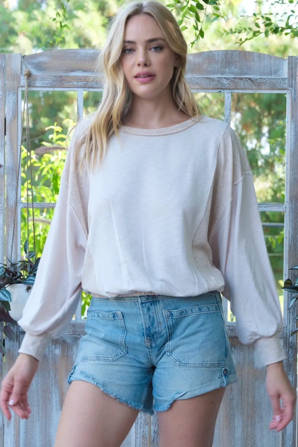 Hailey & Co ribbed and two-tone knit mixed top in soft fabric with contrasting color panels, casual and stylish for everyday wear.