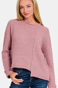 Zenana asymmetric hem drop shoulder sweater featuring a stylish, relaxed fit with a unique hem and cozy knit fabric.