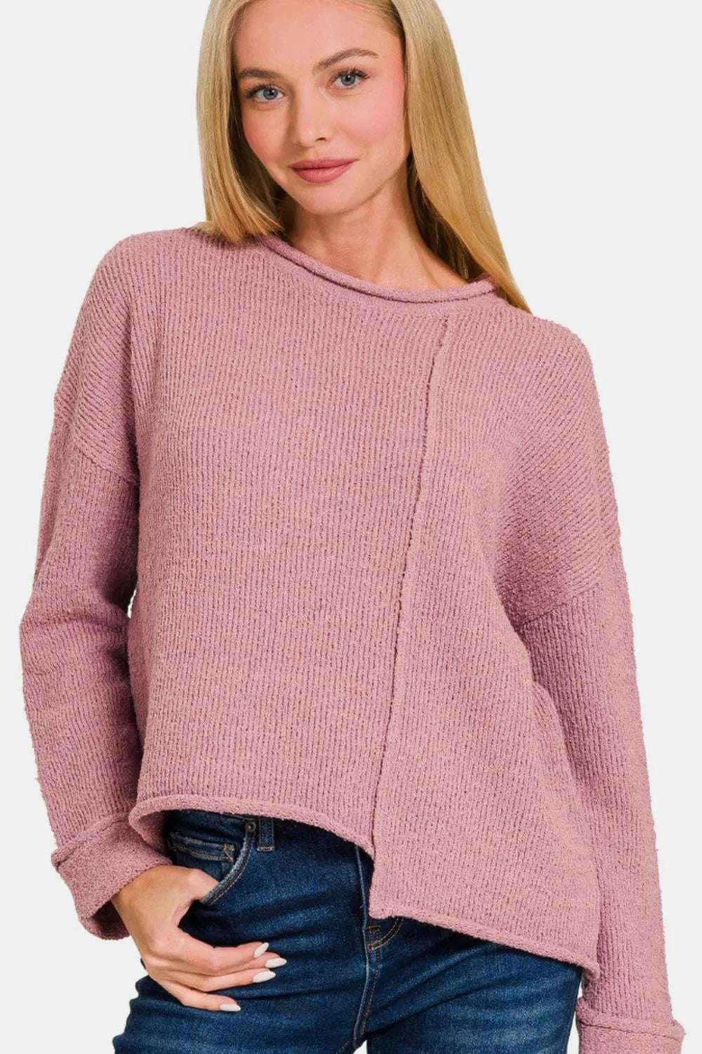 Zenana asymmetric hem drop shoulder sweater featuring a stylish, relaxed fit with a unique hem and cozy knit fabric.