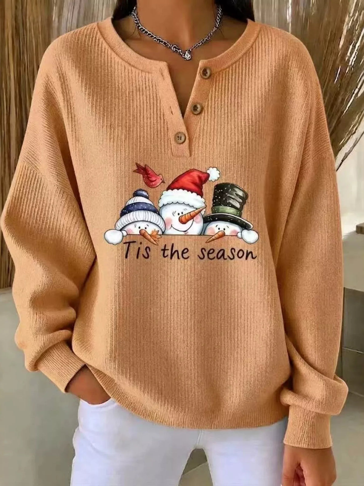 Christmas snowman graphic ribbed henley sweatshirt, view 5