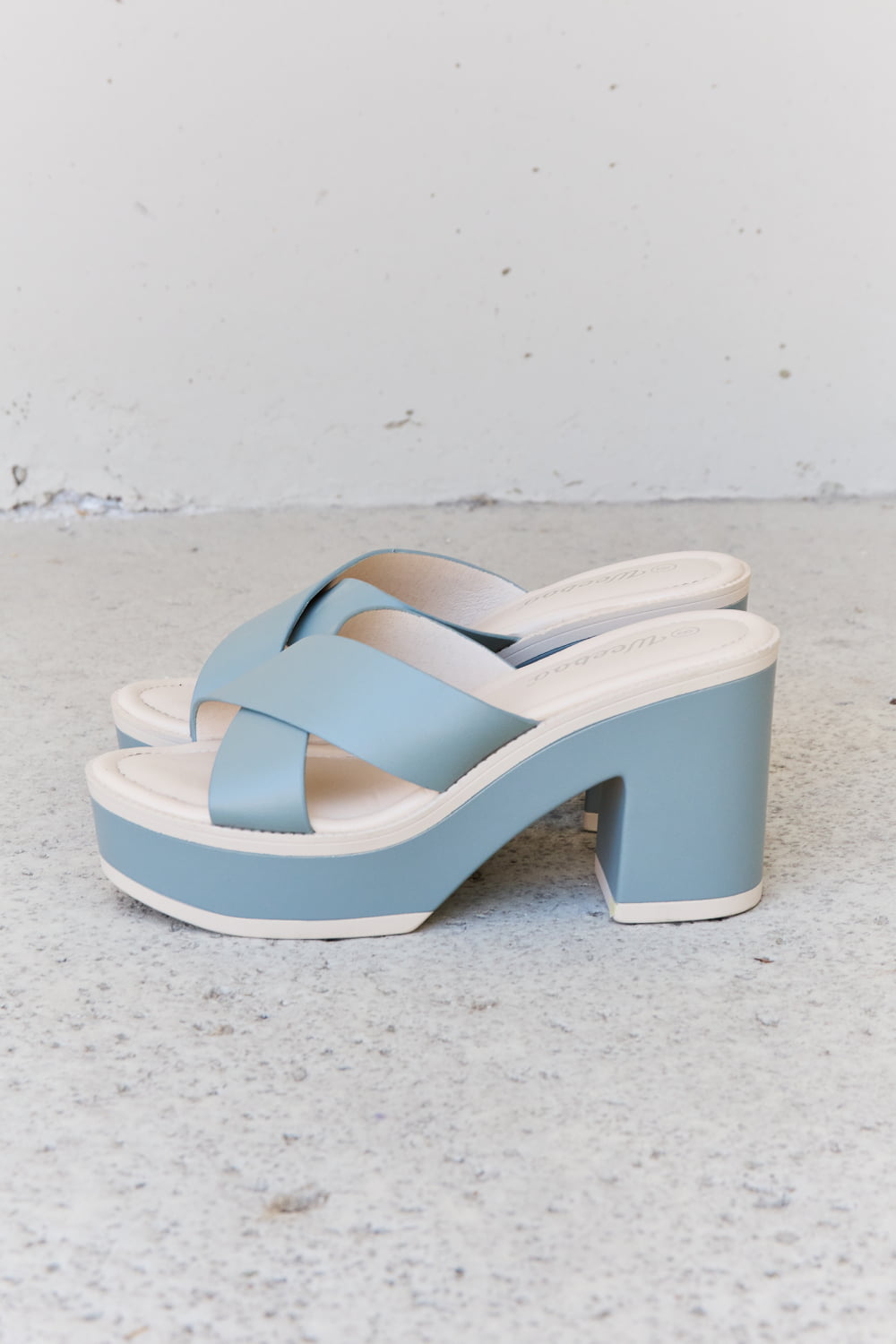 Weeboo Cherish The Moments contrast platform sandals in Misty Blue with chunky sole and open toe design.