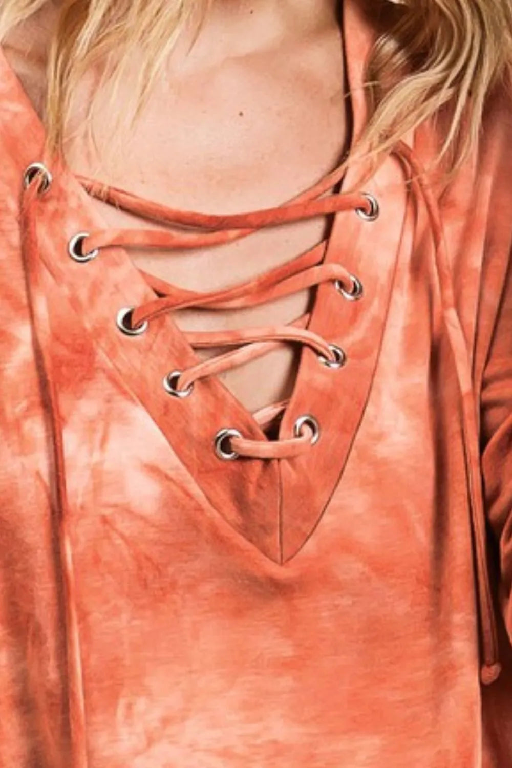 BiBi lace-up tie-dye French terry long sleeve top with casual fit and vibrant colors, from Trendsi.