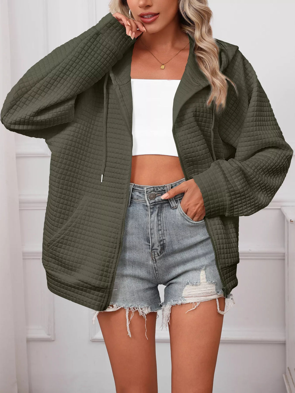 Plus size textured quilted zip-up hooded jacket, view 12