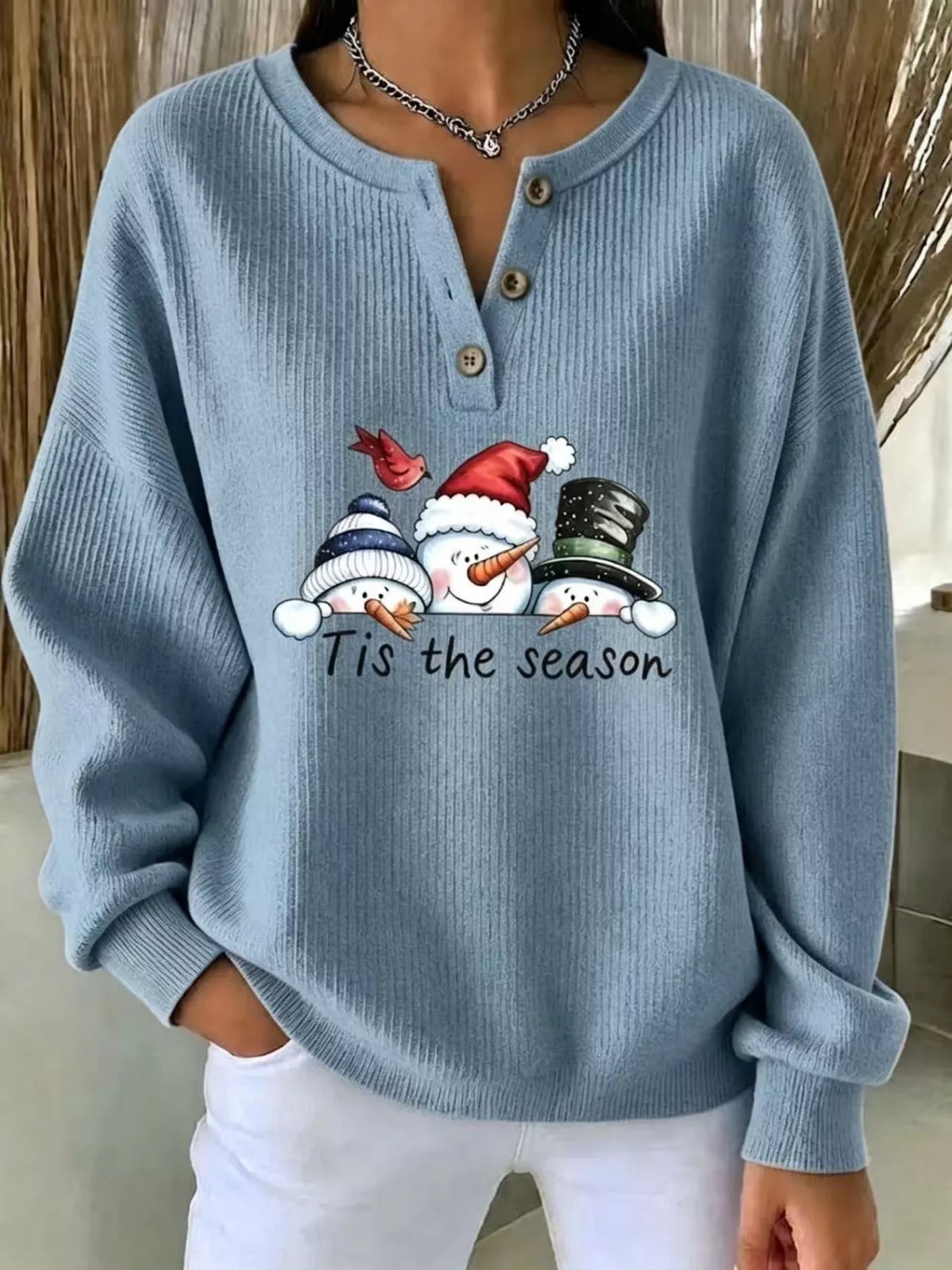 Christmas snowman graphic ribbed henley sweatshirt, view 11