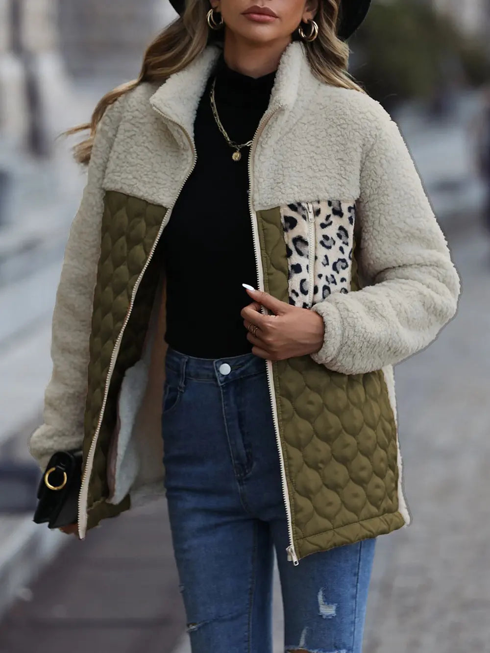 Leopard color block zip-up jacket, view 6