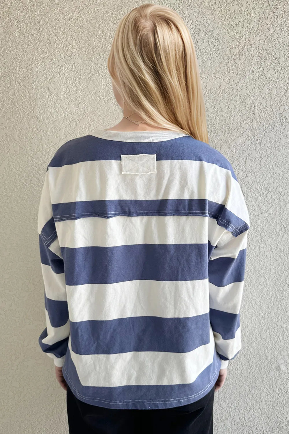 Trendsi Oh Pima Cotton long sleeve T-shirt with contrast striped round neck and exposed seam detail, in a clean, casual design.