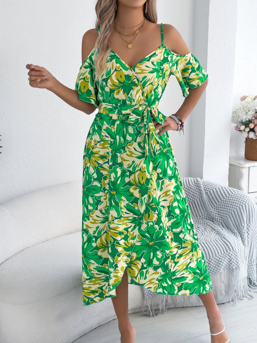 Printed cold shoulder midi cami dress from Trendsi featuring a flowy silhouette and stylish shoulder cutouts.