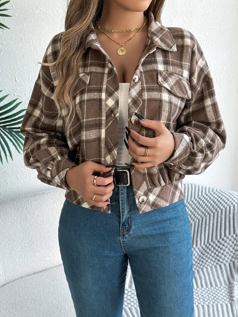 Plaid button-up long sleeve jacket, view 8
