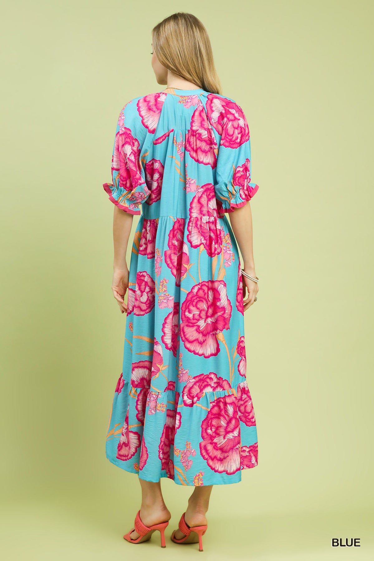 Umgee floral print midi dress with contrast trim, featuring a flowy silhouette and feminine design, ideal for casual or dressy occasions.