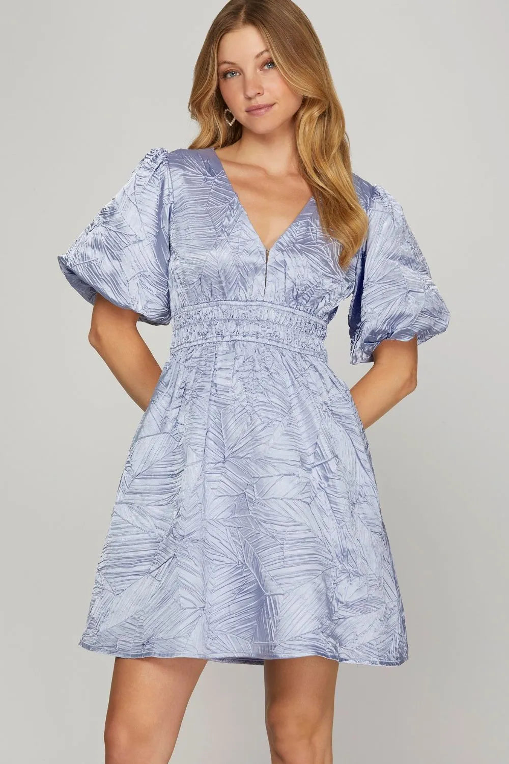 She + Sky Crinkle Woven V-Neck Balloon Sleeve Mini Dress with a relaxed fit and stylish design, perfect for casual or dressy occasions.