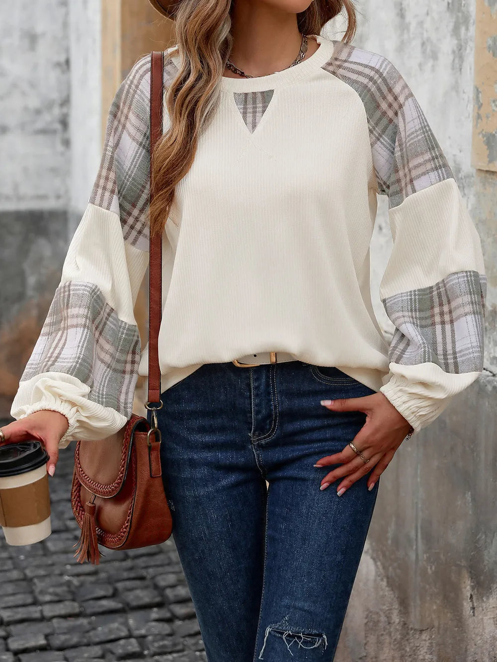 Cream plaid round neck long sleeve sweatshirt, view 4