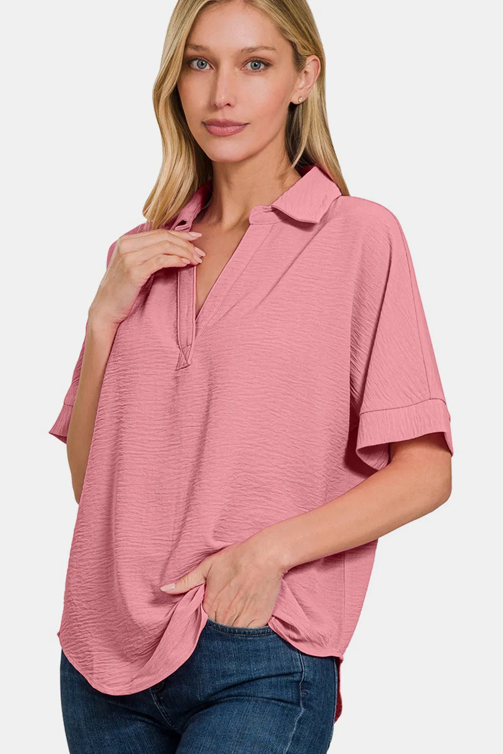 Zenana texture collared neck short sleeve top, stylish and comfortable women's shirt with a collared neckline and textured fabric.