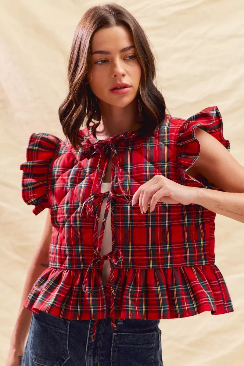 Red plaid ruffled quilted Christmas vest top, view 7