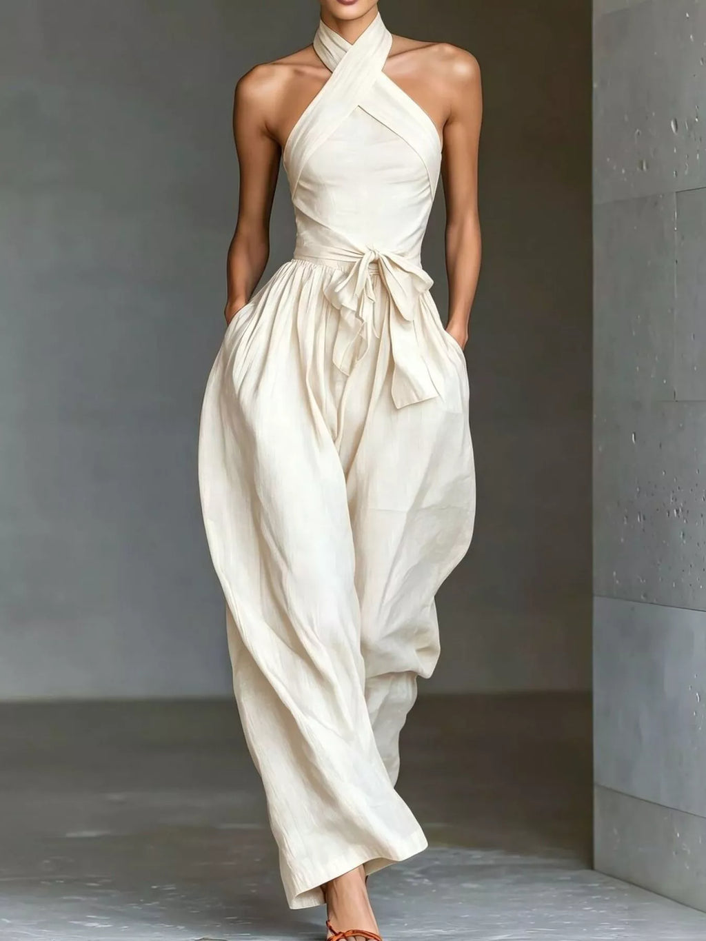 Halter neck wide-leg jumpsuit with waist-tie detail, black fabric, from Trendsi, featuring a stylish and flowy silhouette.