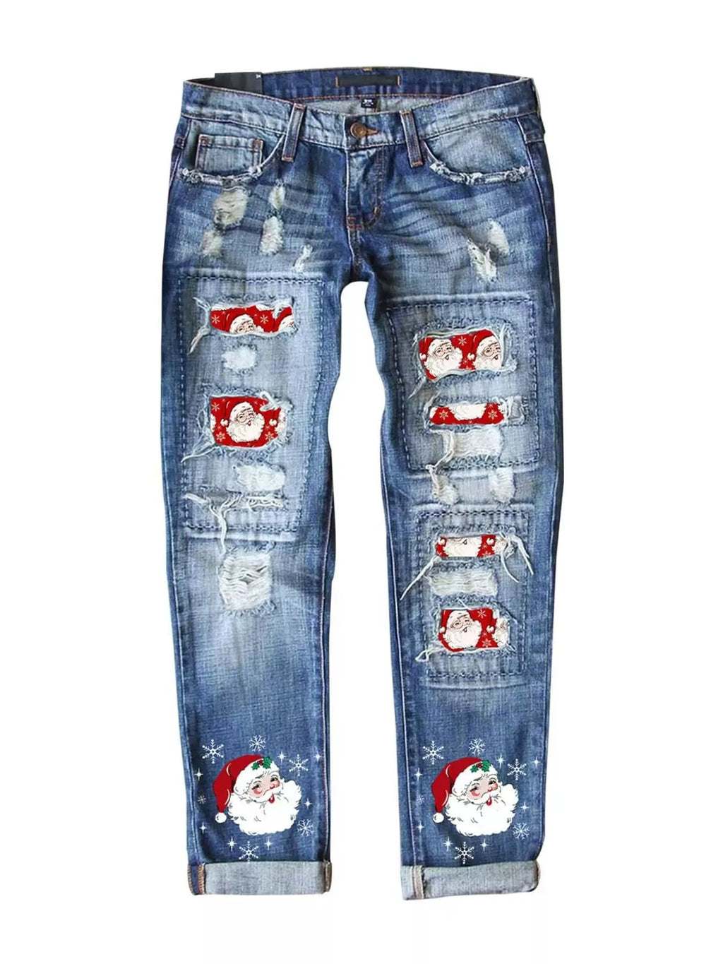 Blue distressed jeans with Santa Claus print