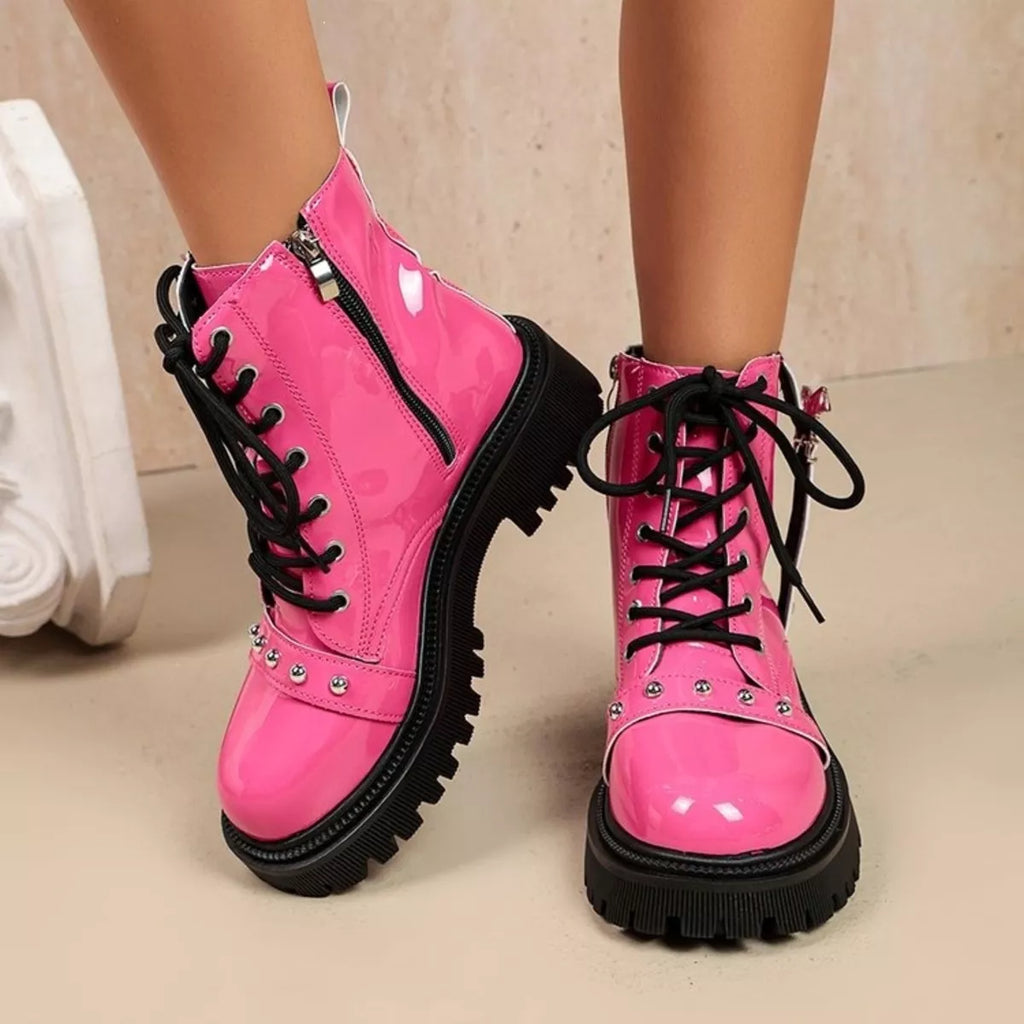 Fuchsia pink round toe lace-up boots, view 2