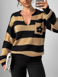 Striped polo collar sweater with floral pocket detail