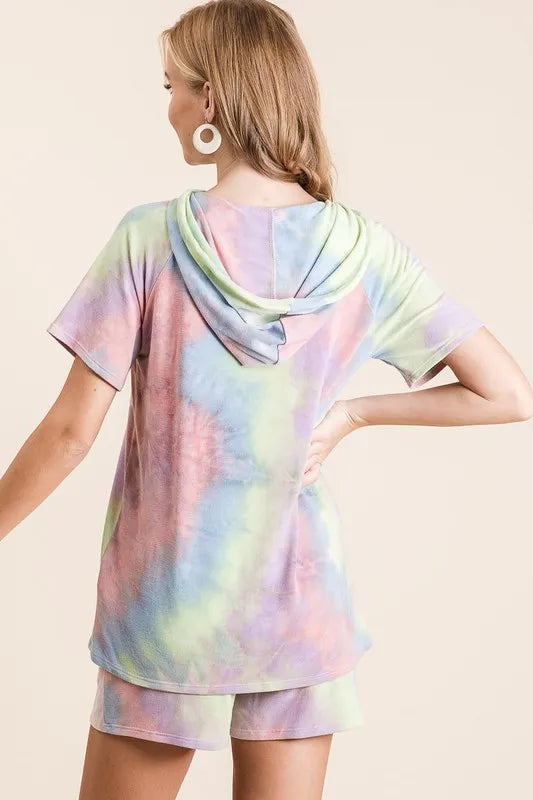 Colorful BiBi Tie Dye French Terry hoodie and jogger set by Trendsi, featuring a relaxed fit, soft fabric, and vibrant tie-dye pattern.
