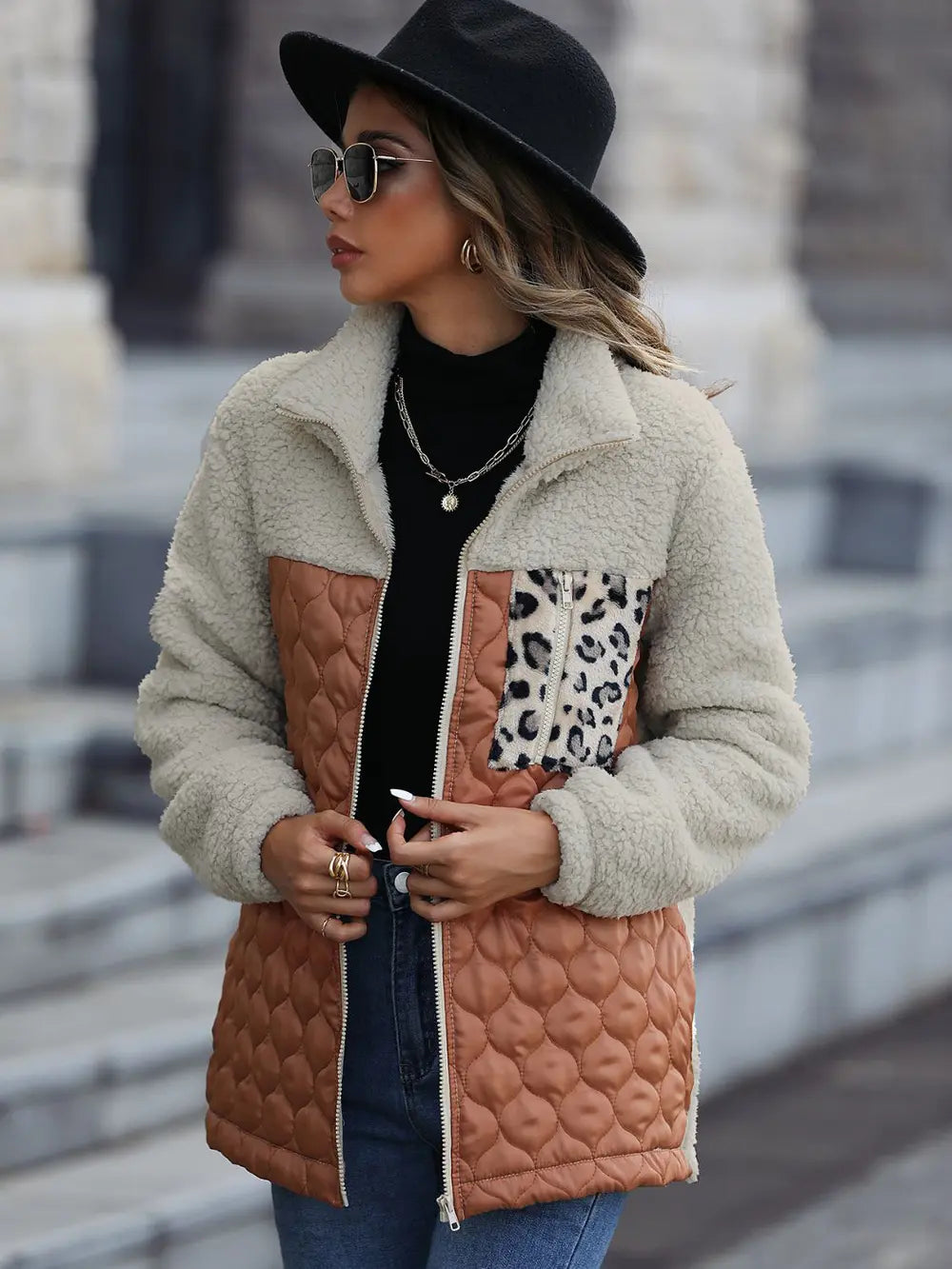 Leopard color block zip-up jacket, view 2