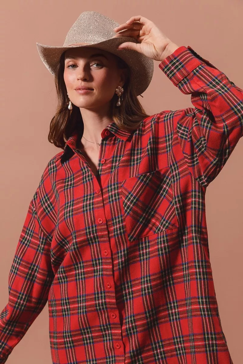 Red checker plaid button-up Christmas shirt dress, view 4