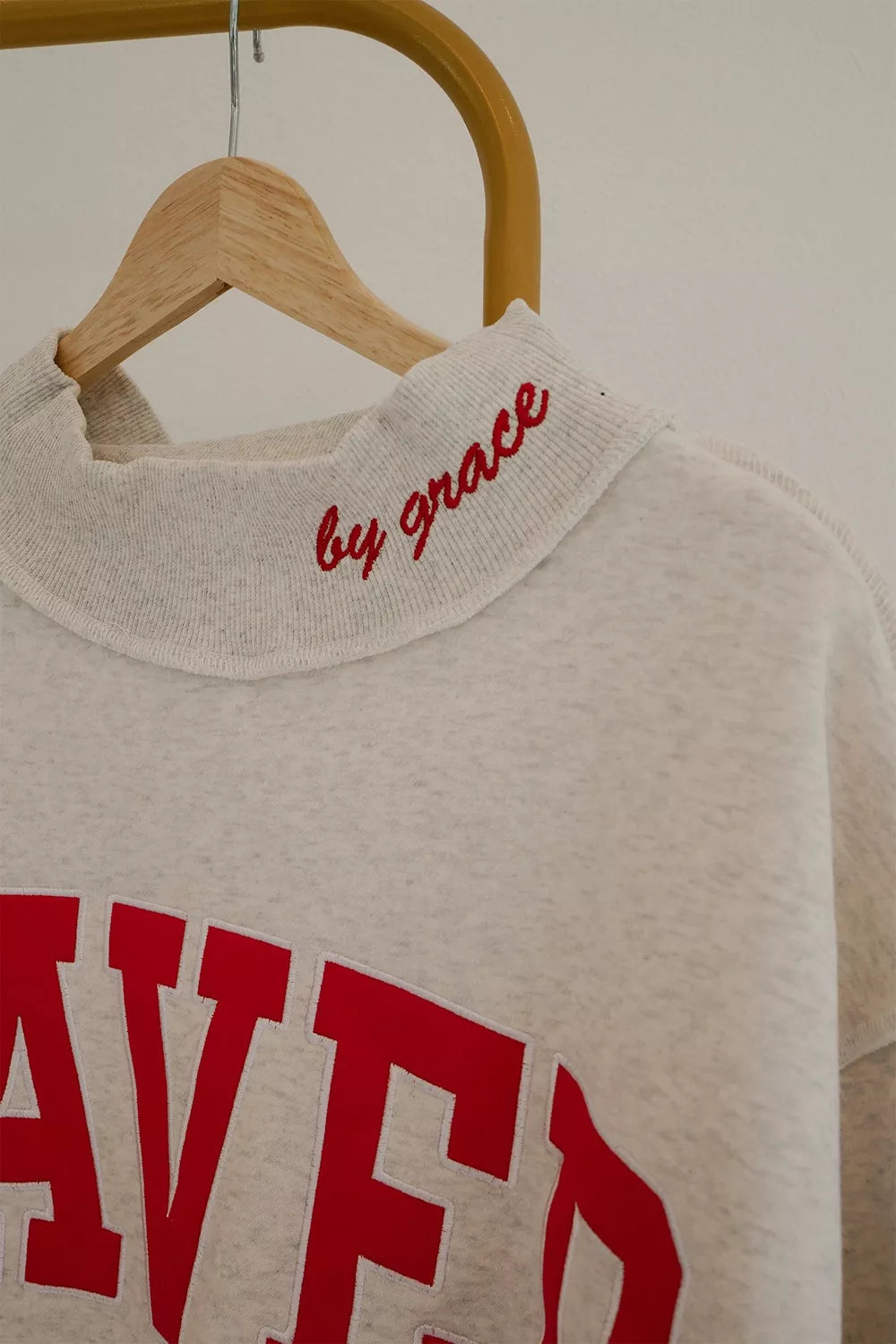 Light gray crewneck sweatshirt with SAVED letter graphic, view 4