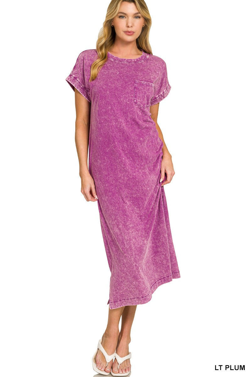 Zenana washed exposed seam short sleeve T-shirt dress with casual fit and relaxed style, shown on a model.