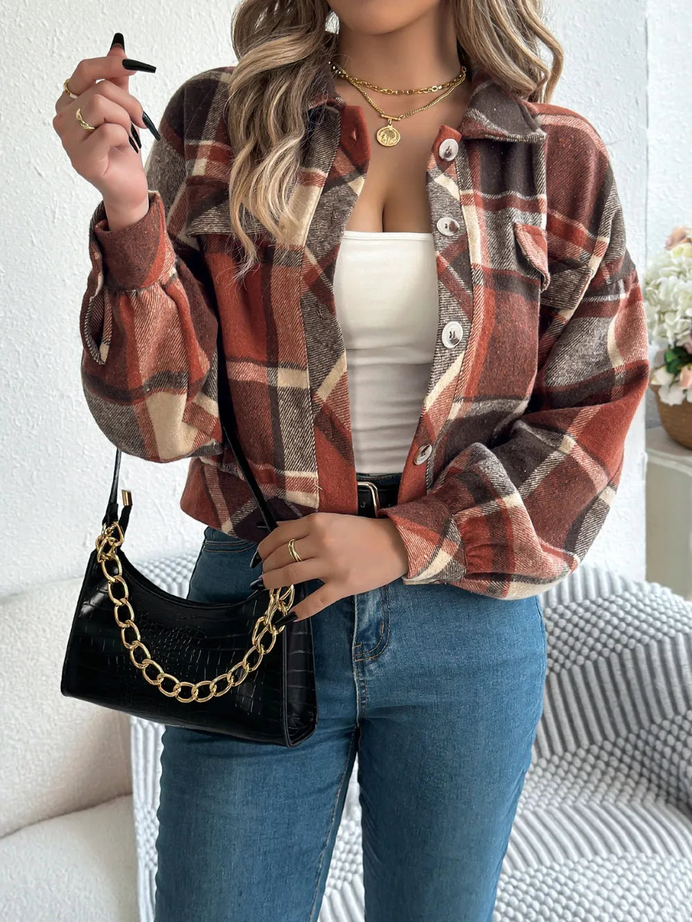 Plaid button-up long sleeve jacket, view 2