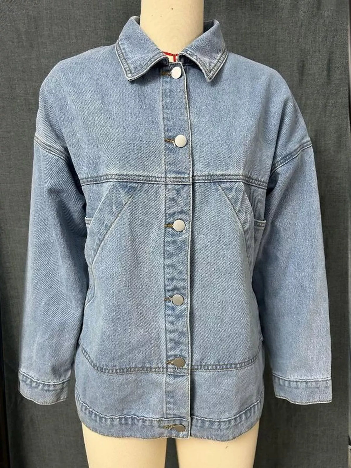 Light blue button-up dropped shoulder denim jacket, view 6