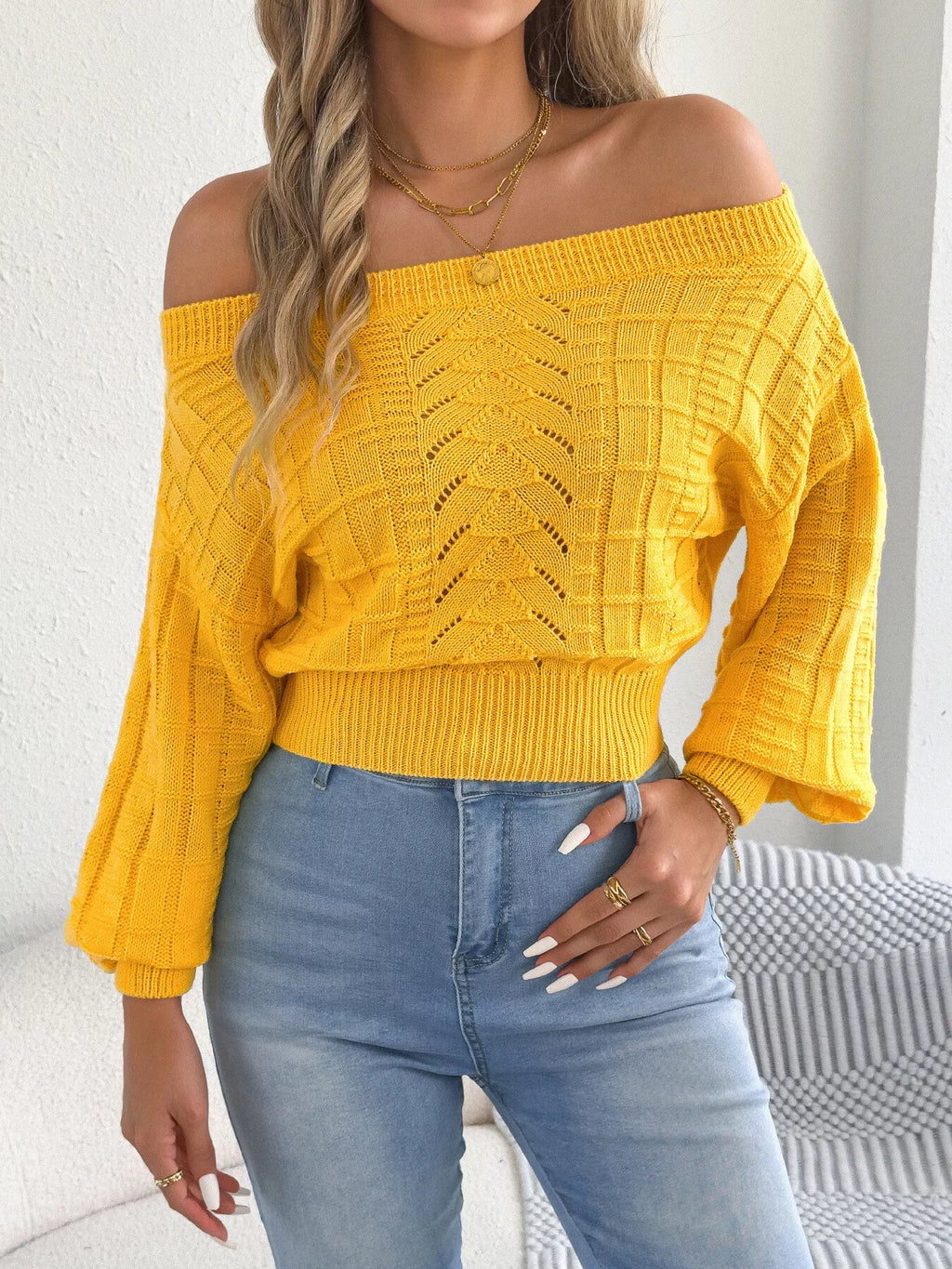 Off-shoulder openwork cropped sweater, view 14