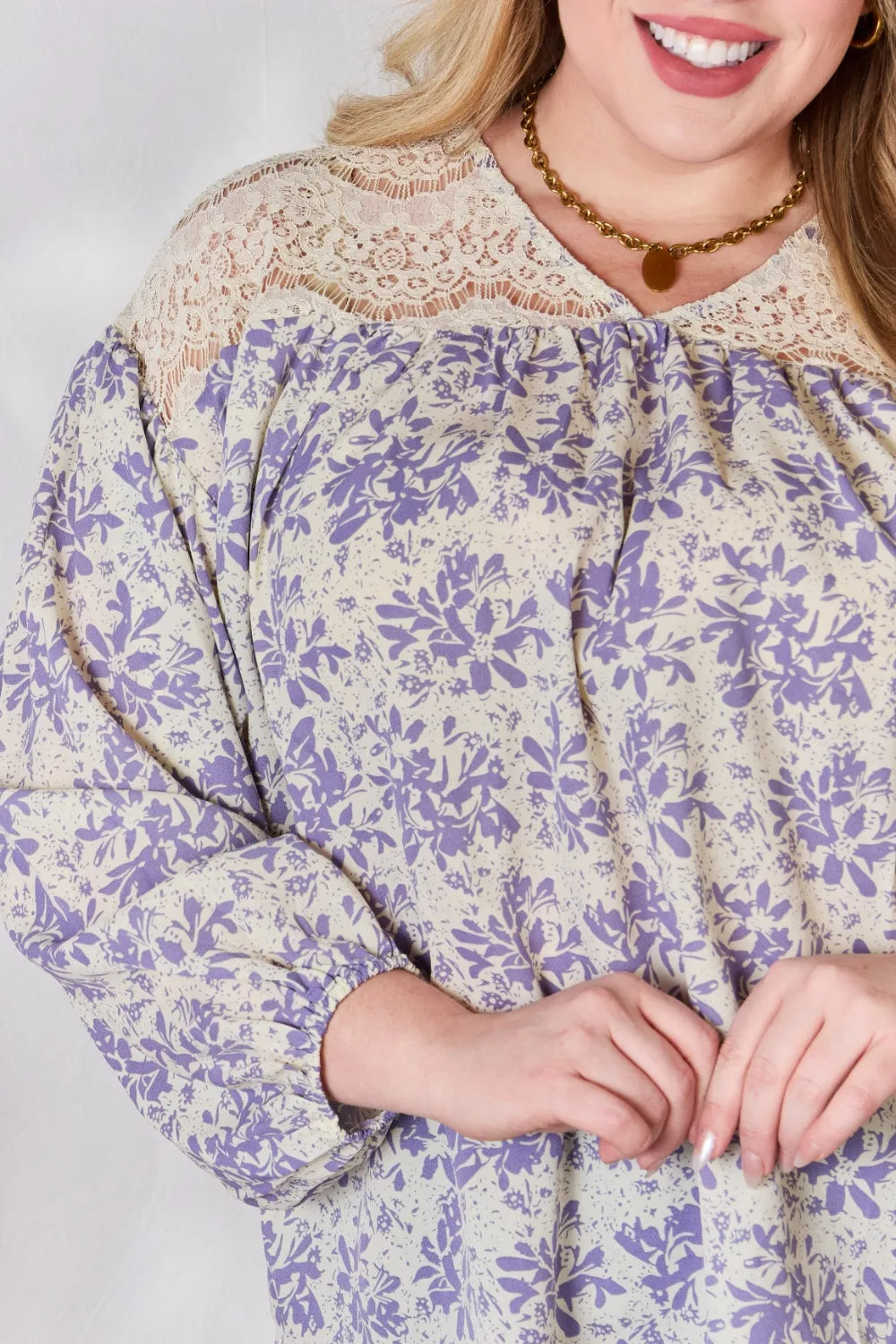 Full size Hailey & Co lace detail printed blouse with floral design, featuring lightweight fabric and long sleeves.