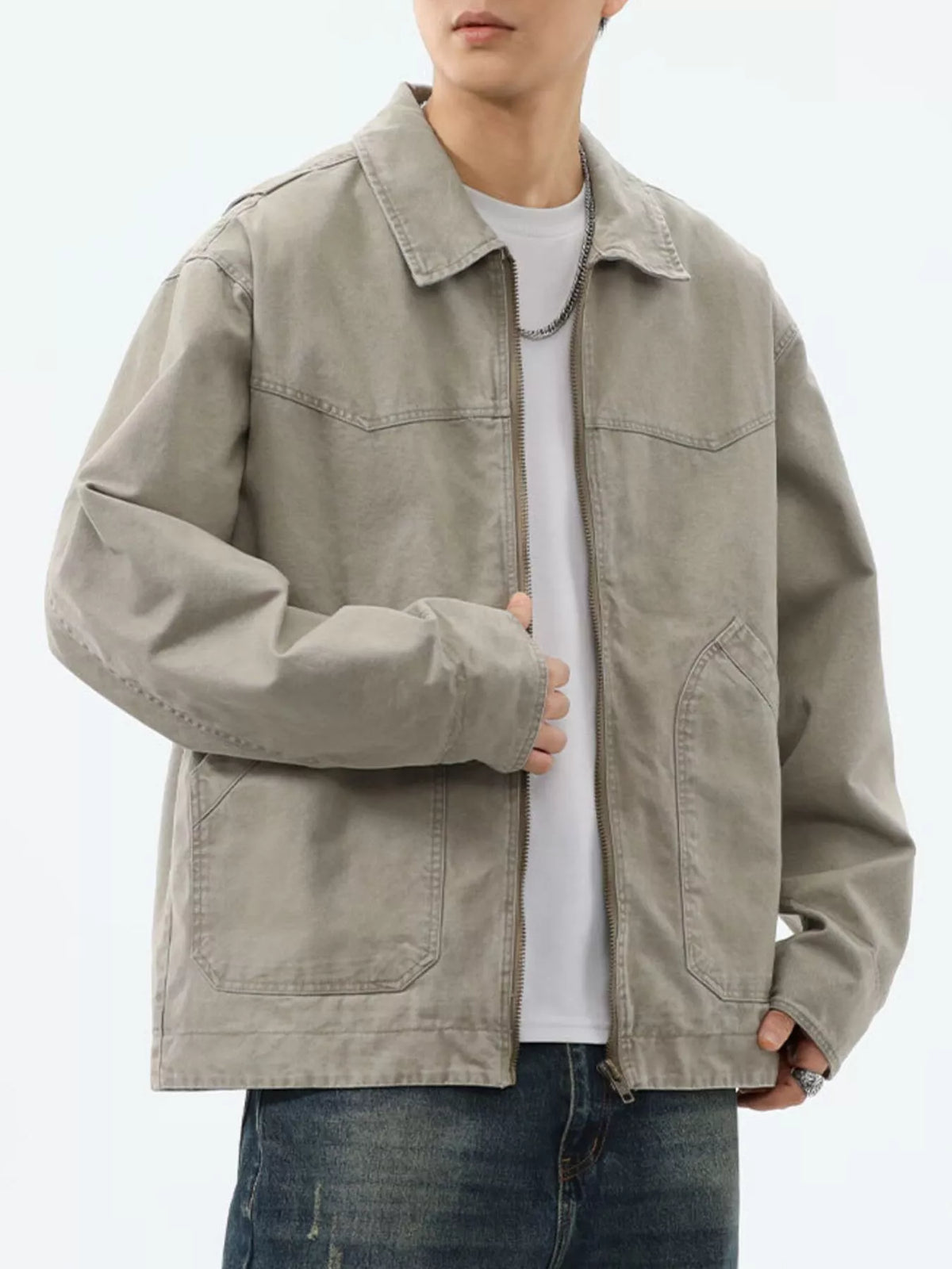 Men's plus size mocha zip-up trucker jacket, view 3