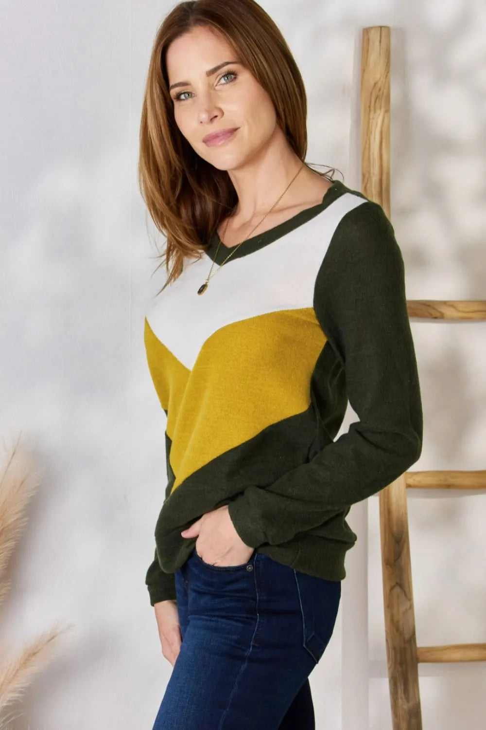 Colorblock V-neck blouse by Hailey & Co in a full size, featuring a stylish colorblock pattern and a flattering V-neck design.