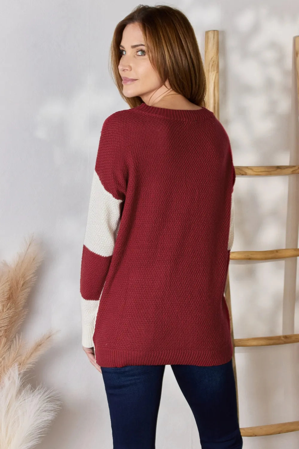 Color block dropped shoulder knit top by Hailey & Co, featuring a full-size relaxed fit and stylish color blocking design.