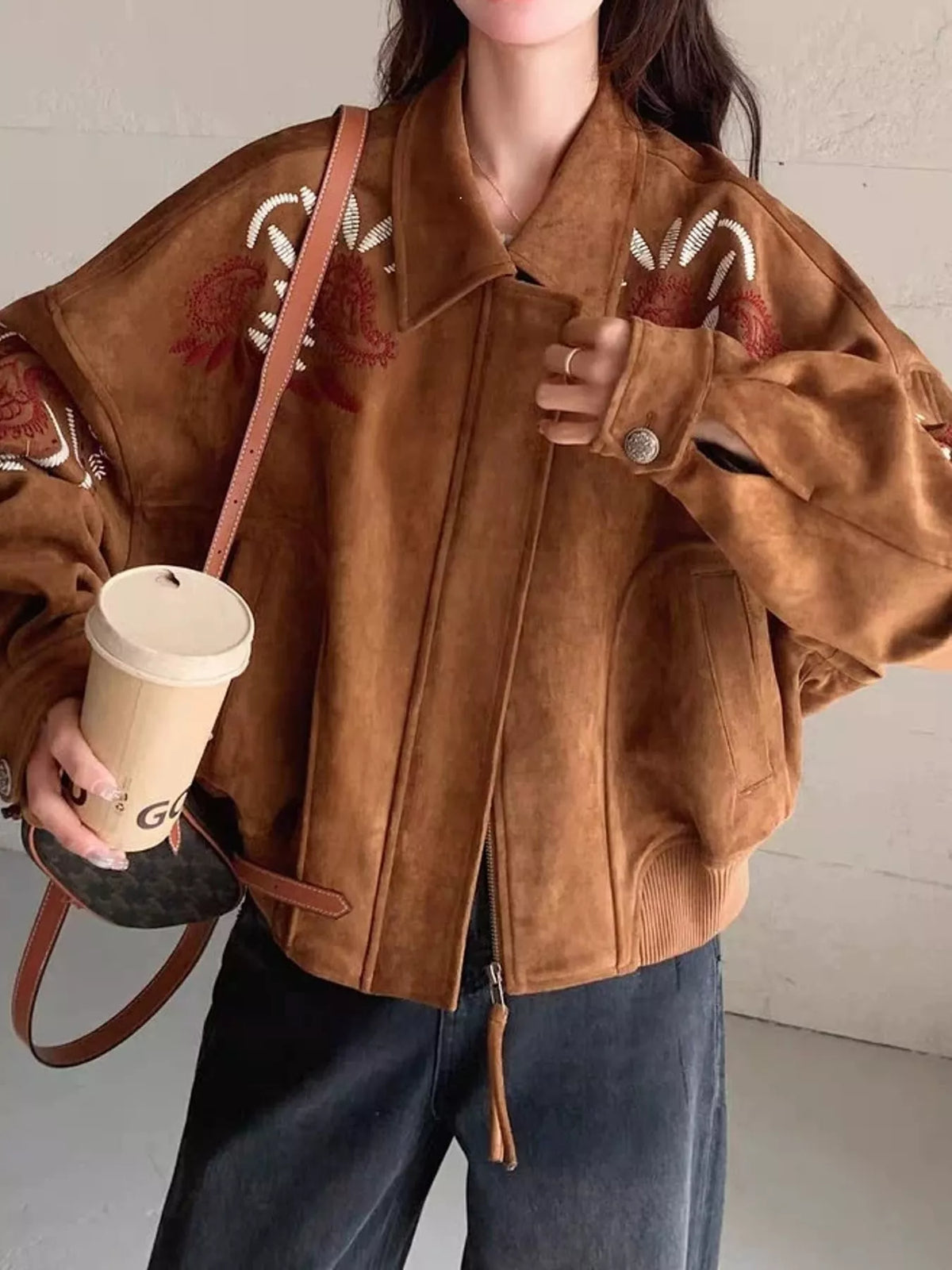 Brown embroidered suede zip-up jacket, view 3
