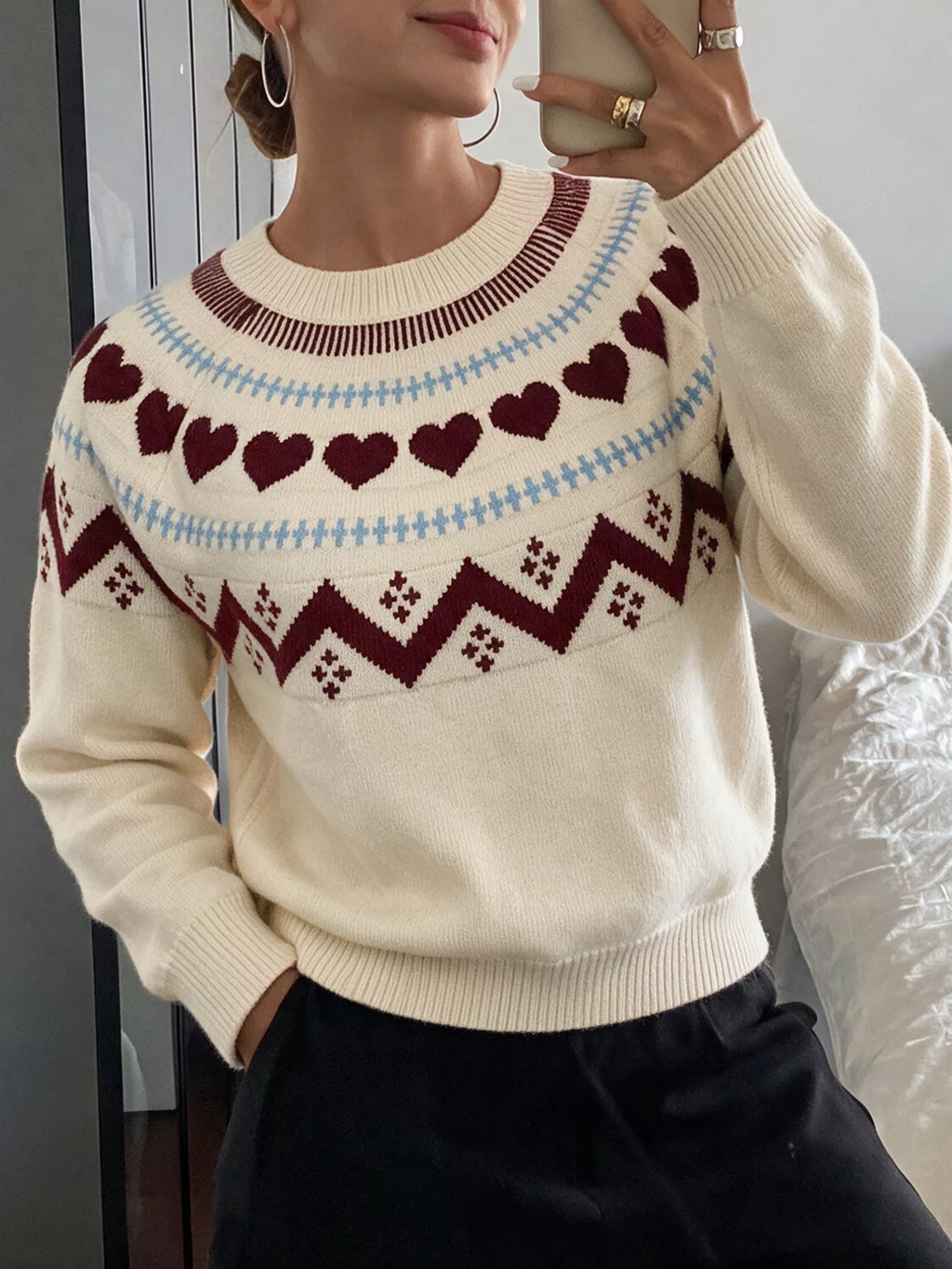 Apricot heart pattern crew neck sweater, view 5