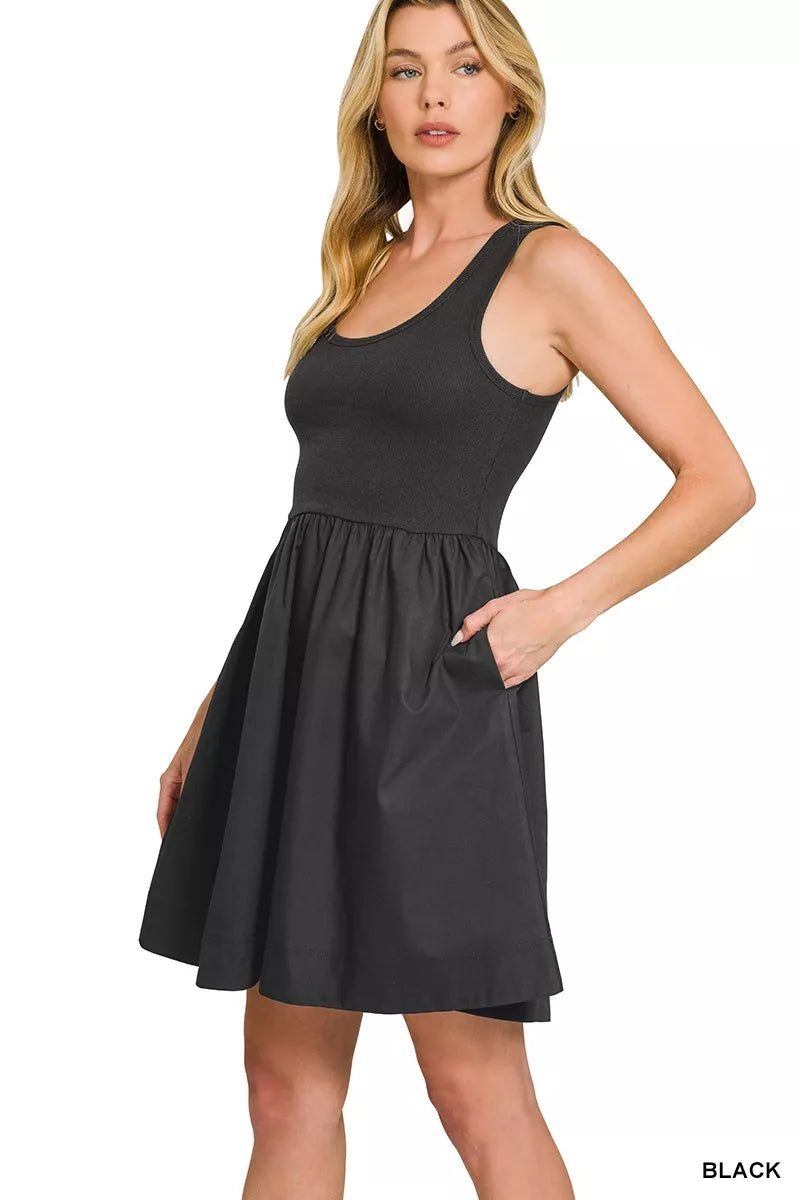 Zenana combined knit and woven midi dress featuring a stylish design, perfect for casual or semi-formal occasions.