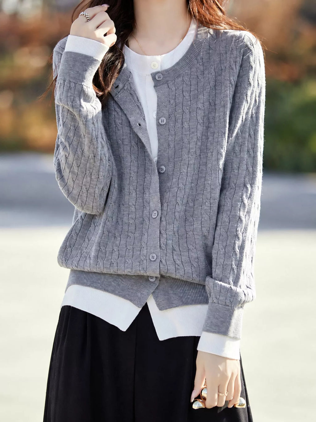 Cable-knit button-down cardigan, view 13