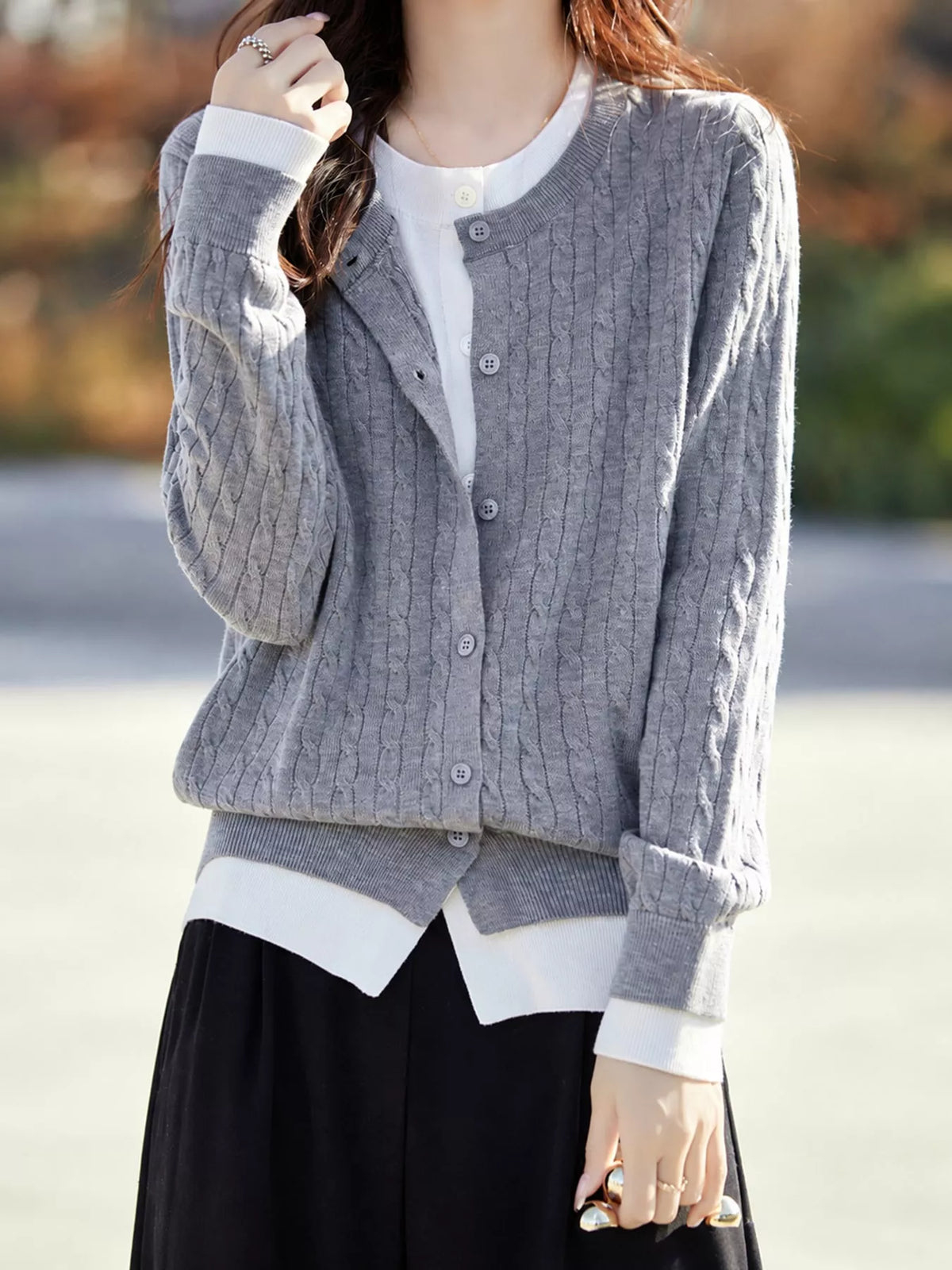 Cable-knit button-down cardigan, view 13