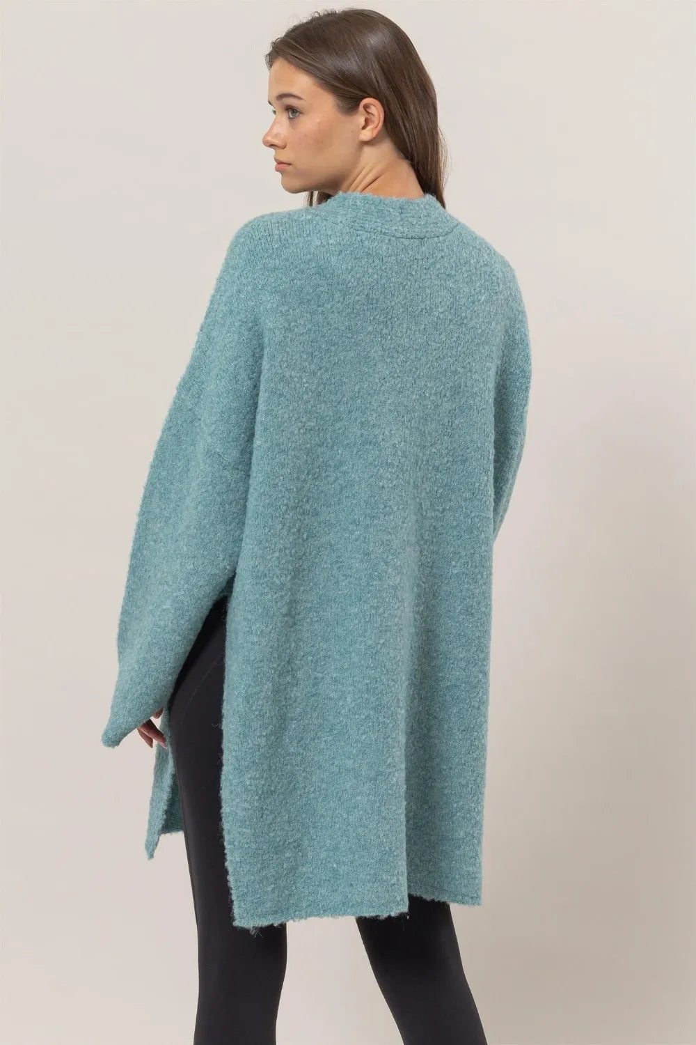 Ocean blue longline sweater cardigan with front rosette, view 2