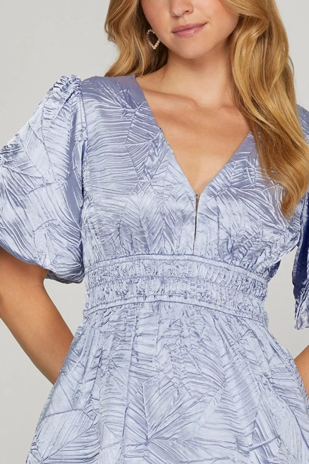 She + Sky crinkle woven V-neck mini dress with balloon sleeves, featuring a stylish and comfortable design perfect for casual wear.