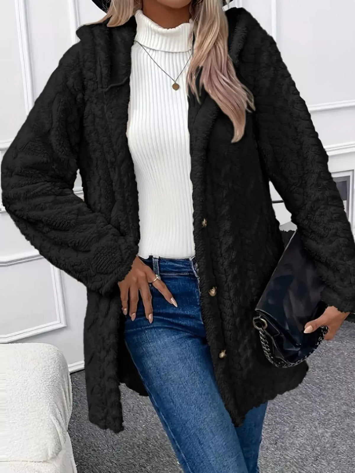 Plus size cozy cable-knit faux fur hooded outerwear by Trendsi, featuring a warm, full-size cable-knit design with plush faux fur trim.