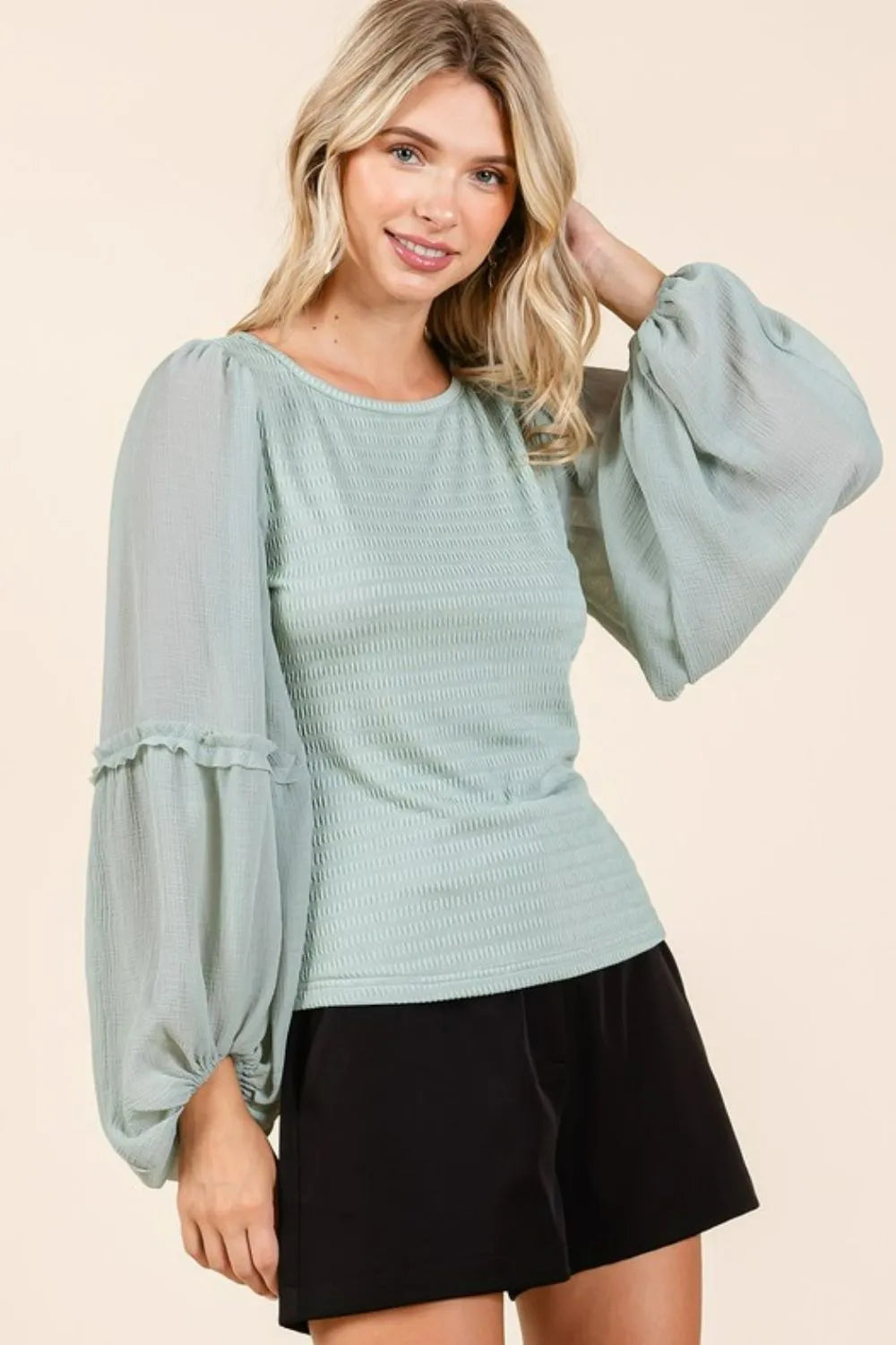 Trendsi Mittoshop mixed media textured knit chiffon long sleeve top with layered design and relaxed fit.