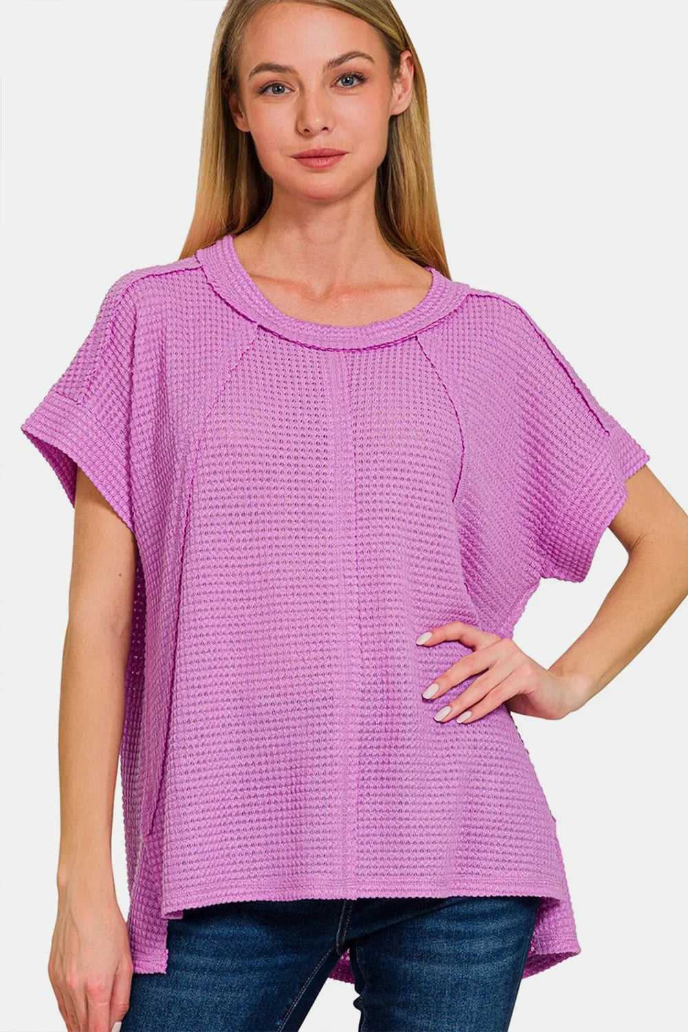Zenana Waffle exposed-seam short sleeve T-shirt with a casual waffle knit texture and exposed seam details.
