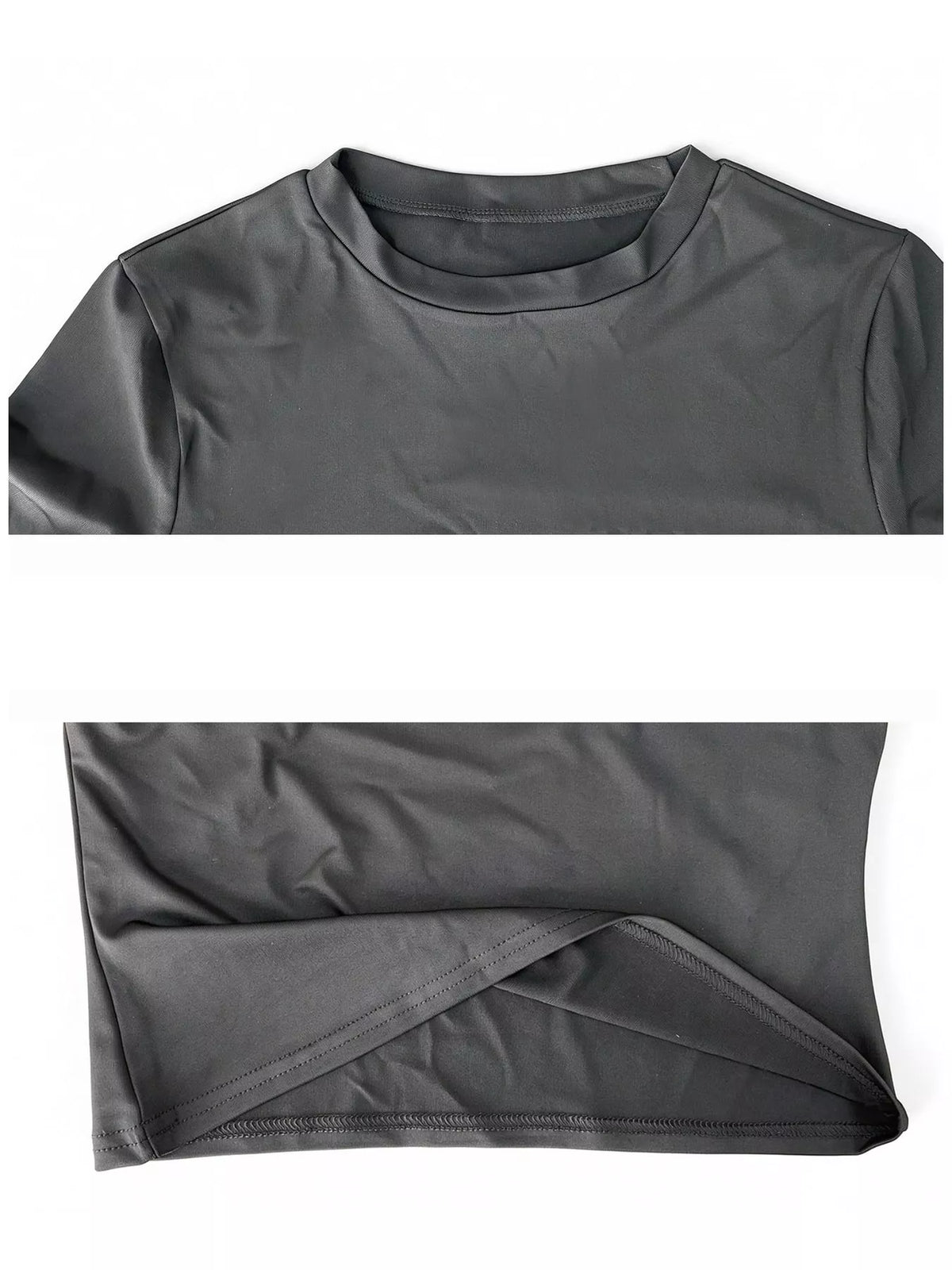 Slim fit basic crew neck short sleeve crop T-shirt by Trendsi featuring a classic design and versatile style, shown in a collage image.
