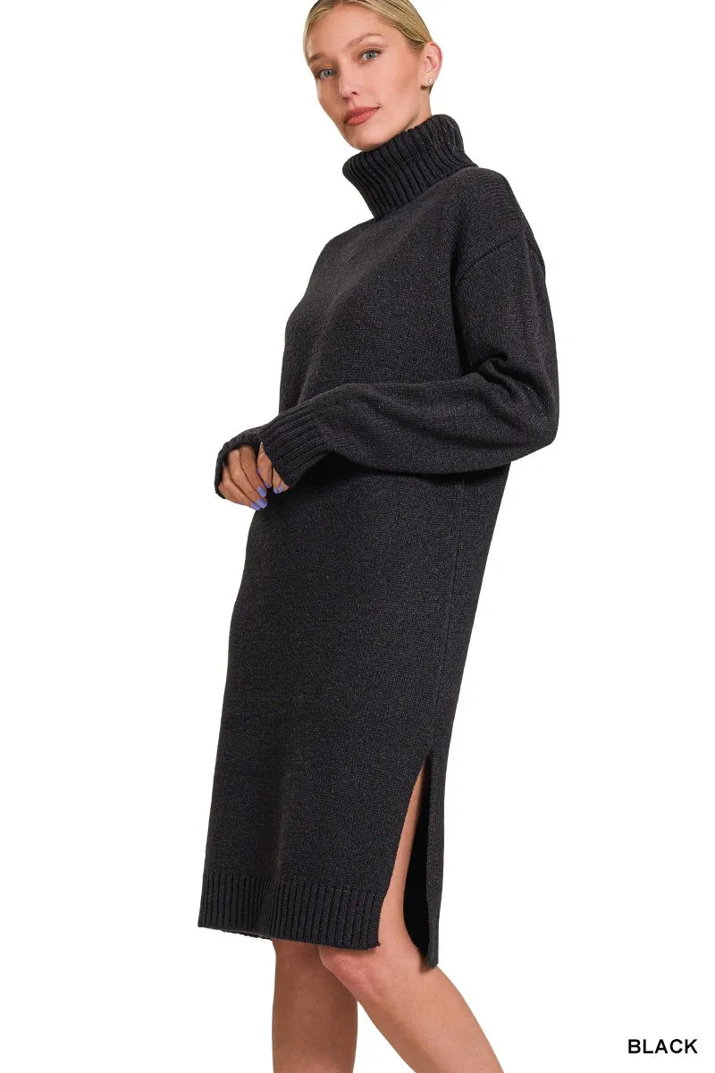 Black turtleneck long sleeve midi sweater dress, view 2