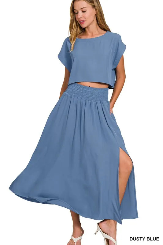 Woven crinkle gauze crop tee and matching skirt set by Trendsi, featuring a lightweight, textured fabric for a casual stylish look.