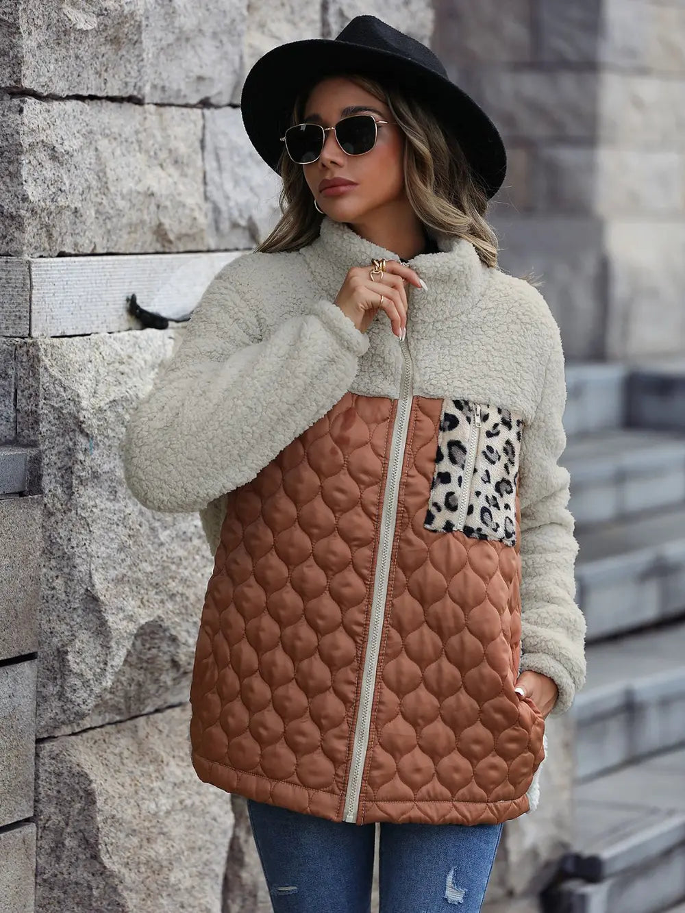 Leopard color block zip-up jacket, view 3