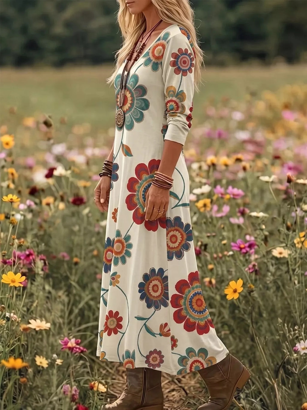 Floral print V-neck long sleeve maxi dress by Trendsi, flowing fabric with vibrant flower patterns and a fitted waist.